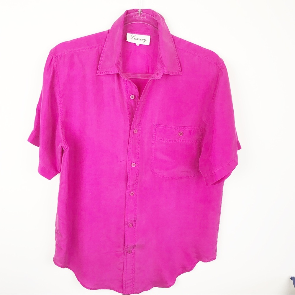 LUXURY MAGENTA 100% SILK SHORT SLEEVE BLOUSE EUC M